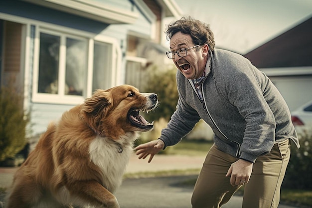 Photo a man with glasses and a dog in front of a house with a man in a grey sweater and a dog in front of him.