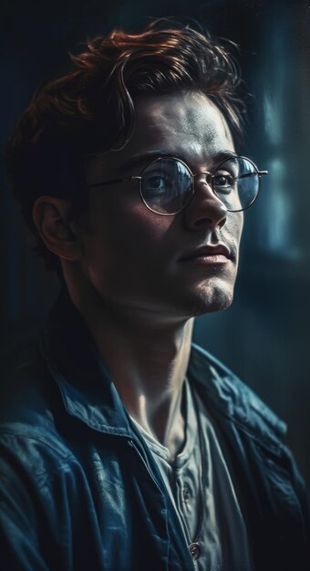 A man with glasses in front of a dark background