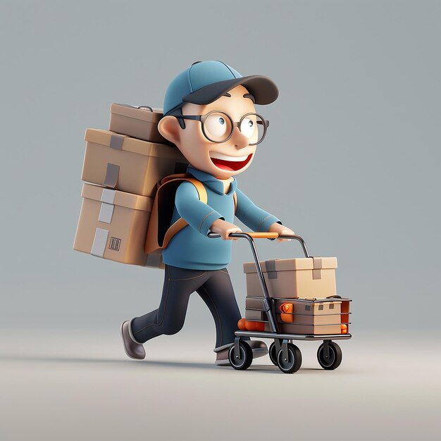 Photo a man with glasses and a hat is carrying a cart with boxes