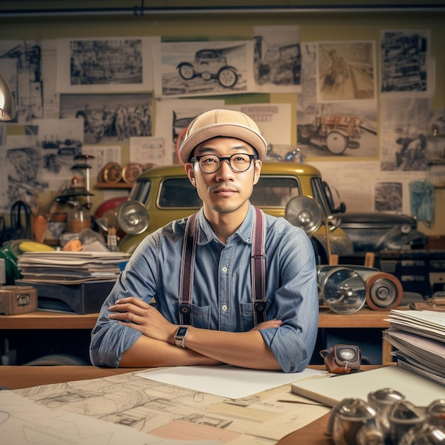 a man with glasses and a hat is sitting in front of a car with a car in the background.