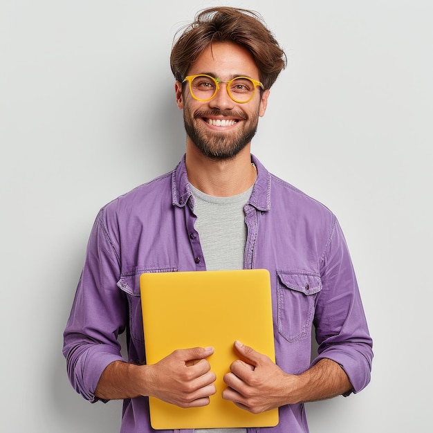 Photo man with glasses holding yellow folder