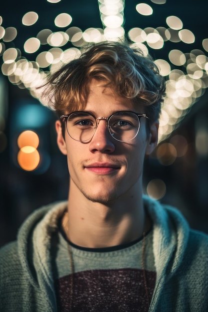 A man with glasses and a hoodie stands in front of a bokeh background.