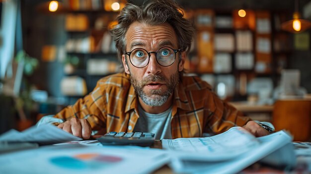A man with glasses is looking at a calculator and papers on a table He is in a state of confusion