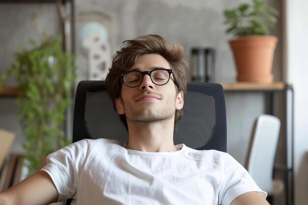 Foto un uomo con gli occhiali dorme su una sedia