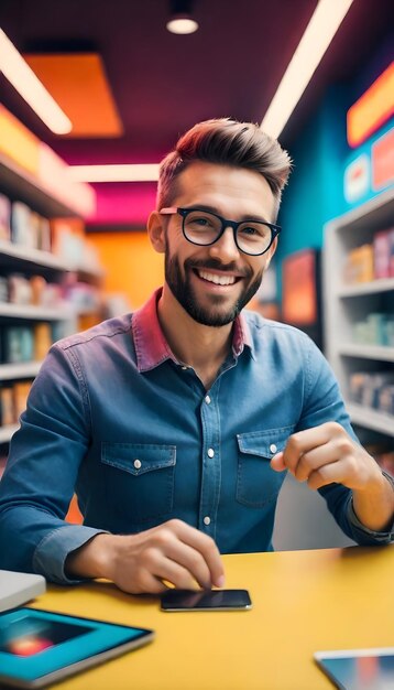 Photo a man with glasses is smiling in front of a bookshelf