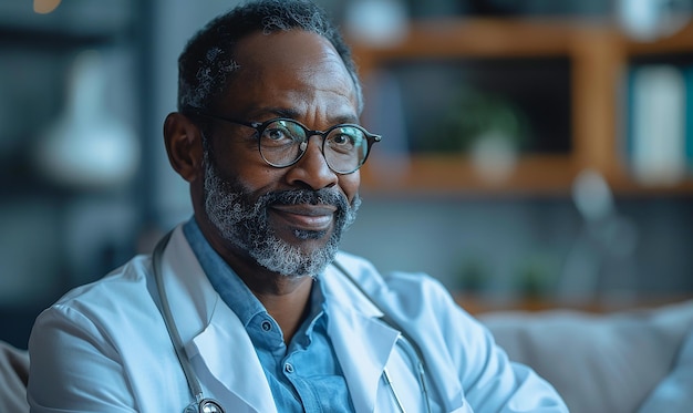 a man with glasses and a lab coat sits in front of a shelf