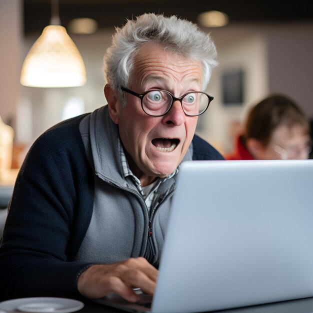 Photo a man with glasses looking at a laptop with a white keyboard