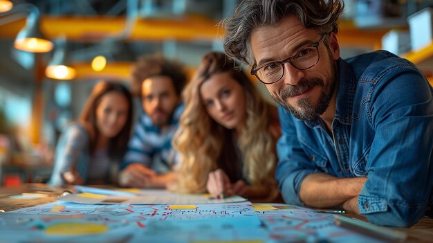 a man with glasses looking at a map of the word travel on it