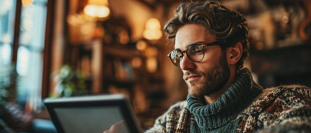 a man with glasses looking at a tablet computer