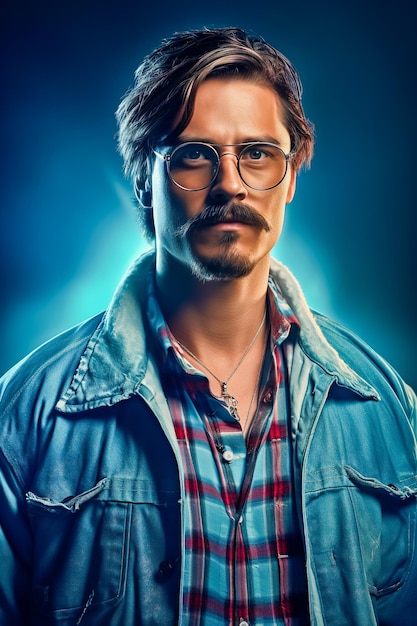 Man with glasses and mustache wearing blue jacket