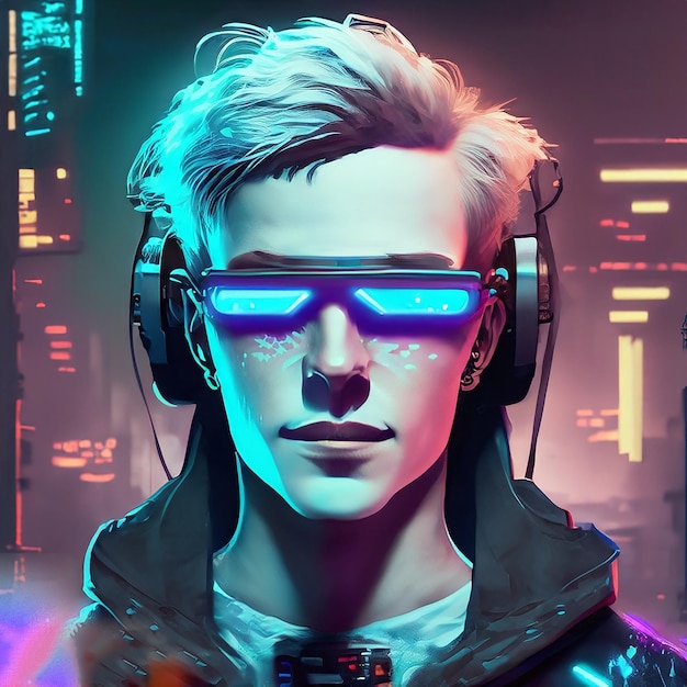 A man with glasses and a neon sign that says'cyberpunk'on it