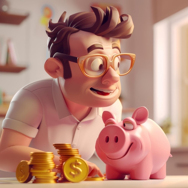 a man with glasses and a piggy bank with a piggy bank and gold coins