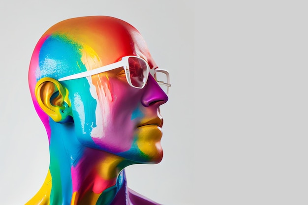 A man with glasses and a rainbow colored head