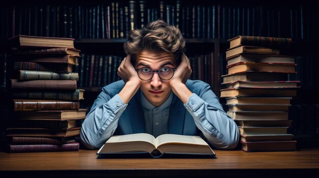 A man with glasses reading a book in front of a stack of books