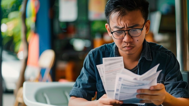 a man with glasses reading a paper with a card in his hand