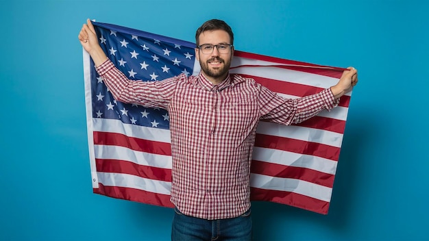 Photo a man with glasses and a red plaid shirt is holding a flag