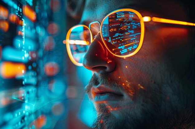 Man with Glasses Reflecting Cyber Data Streams