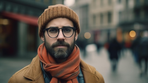 A man with glasses and a scarf is looking
