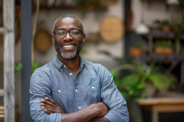 a man with glasses and a shirt that says  he is smiling