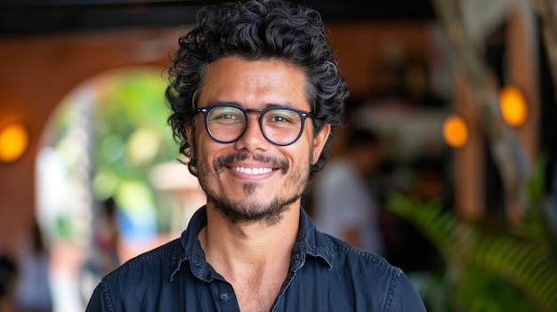 a man with glasses and a shirt that says  he is smiling