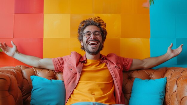 a man with glasses on sitting on a couch with a yellow wall behind him