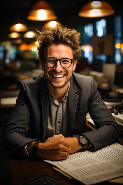 Foto uomo con gli occhiali seduto alla scrivania che sorride alla telecamera ai generativa