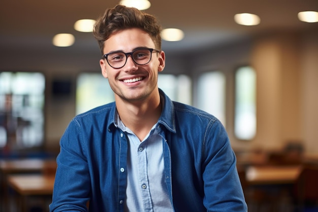 Man with glasses sitting at table Suitable for business office or workspace concepts