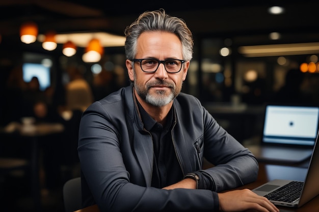 Man with glasses sitting at table with laptop computer Generative AI