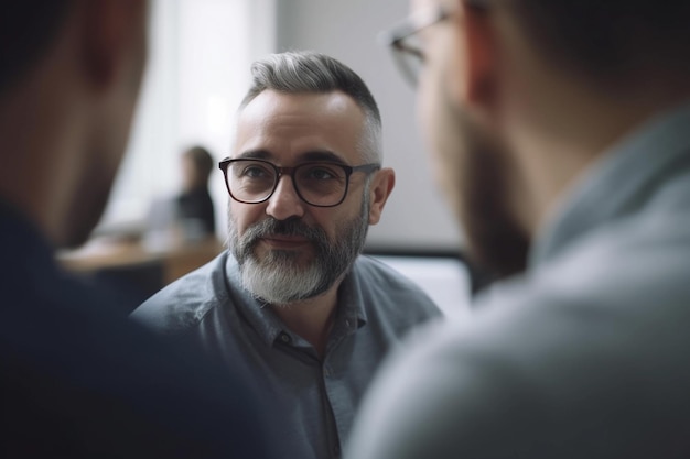 A man with glasses speaks to another man in a meeting.