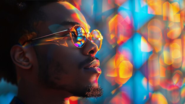 Man With Glasses Standing in Front of Colorful Wall