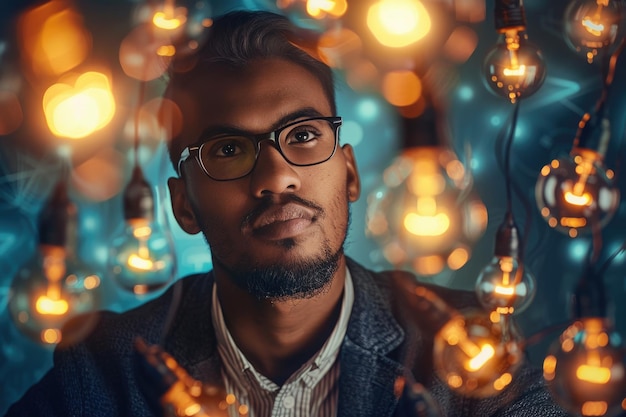 Foto un uomo con gli occhiali si trova con fiducia di fronte a uno sfondo vibrante di luci scintillanti che irradiano un senso di creatività e innovazione