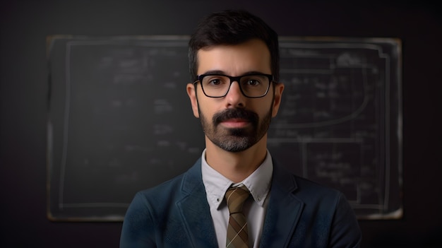 A man with glasses stands in front of a chalkboard that says'the word'on it '