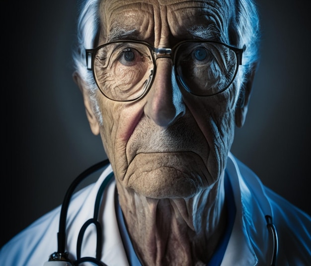 A man with glasses and a stethoscope stands in front of a door