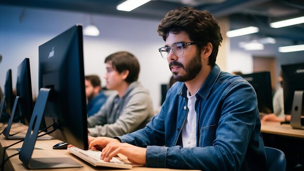 Man with the glasses student in computer science class person uses a computer