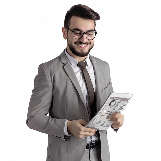 a man with glasses and a tie is holding a pen and a laptop