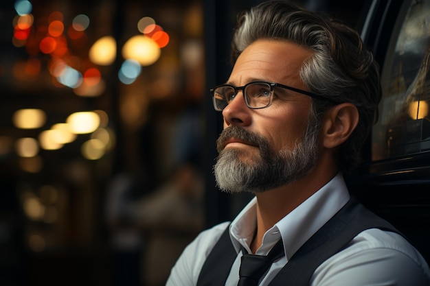 A man with glasses and a tie is looking at the camera.