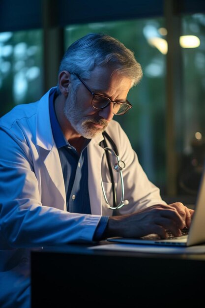 a man with glasses using a laptop with a lab coat on