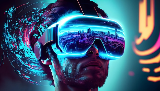 Человек в очках виртуальной реальности исследует метавселенную Генеративный ИИ