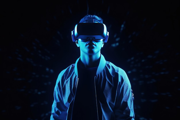 Человек в очках в виртуальной реальностиФутуристическая современная иллюстрация Инновационные технологии Генеративный ИИ