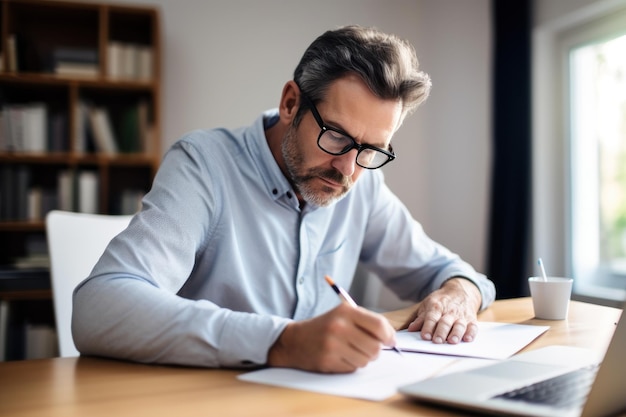 Man with glasses working on desk in office