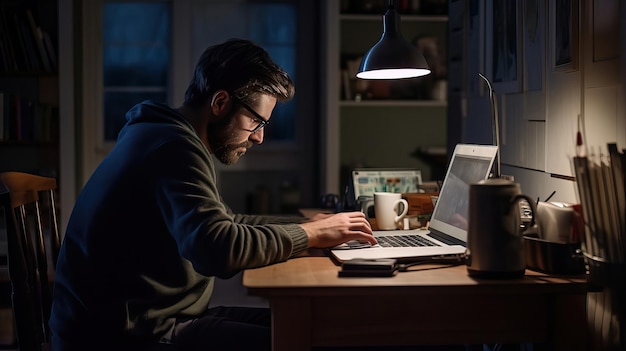 a man with glasses working on a laptop at night.