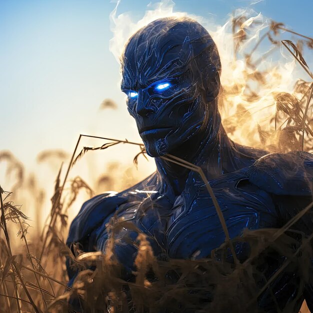 A man with glowing blue eyes standing in a field