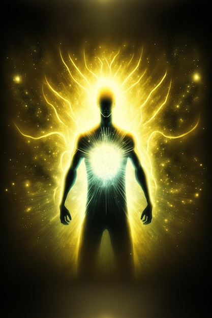 Man with glowing energy in his hands and yellow light generative ai