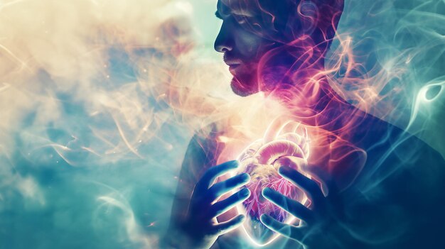 Человек с светящимся сердцем в руках, окруженный мистическим дымом и огнями.