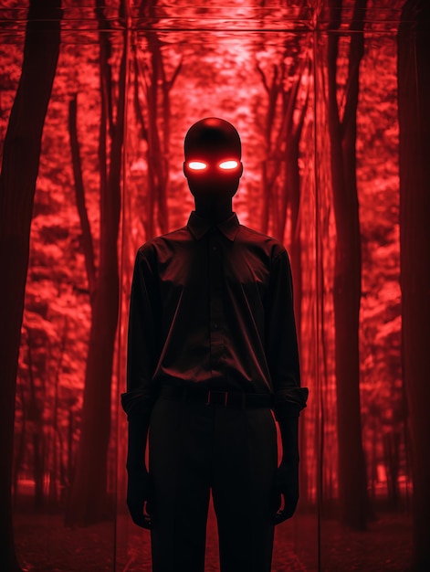 森の中に佇む、輝く赤い目をした男