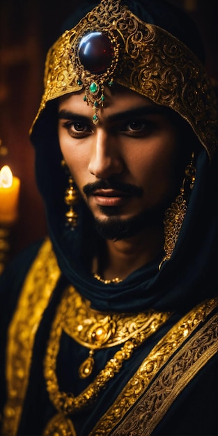 a man with a gold headdress and a gold colored headdress