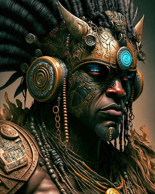 A man with a gold headdress and a headdress with a blue eye and a gold headdress.