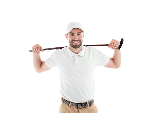 Man with golf club on white wall