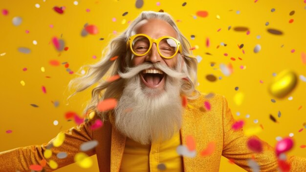 Man with gray beard dancing at party hipster concept of positivity healthy life lifestyle