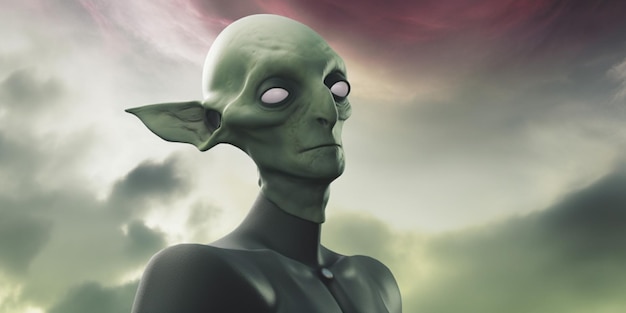 Человек с зеленой инопланетной головой и розовым глазом.